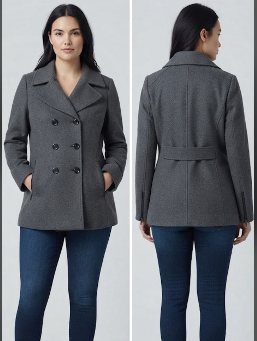 Black Rivet Charcoal Wool Blend Double-Breasted Pea Coat Attached Belt Size XL